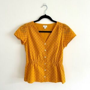 J. Crew Factory V-neck Lace Blouse Peplum Button Down Golden Yellow Size 00